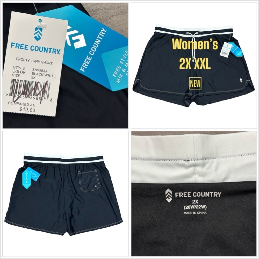 Free Country XXL 2XL Swim Shorts Hybrid Trunks Black Swimwear Boardshort Pocket